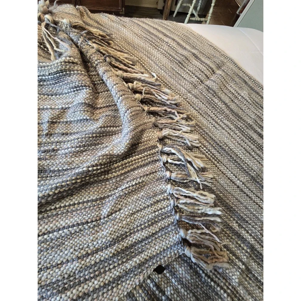 Altar'D State Striped Fringed Afghan, 100% Acrylic Lap Throw, Gray Tan White